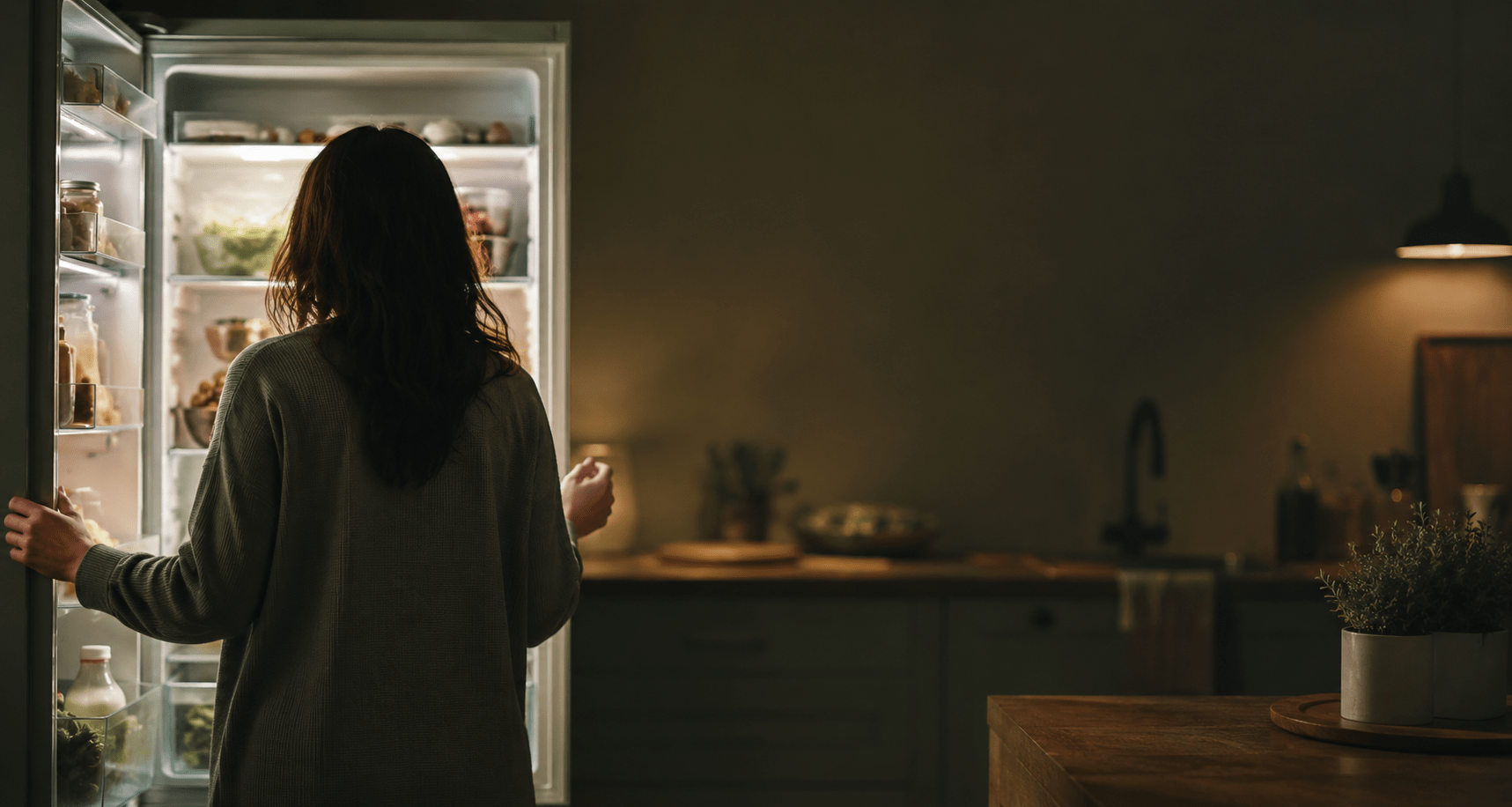 Person pausing at an open fridge at night, representing food noise and emotional eating